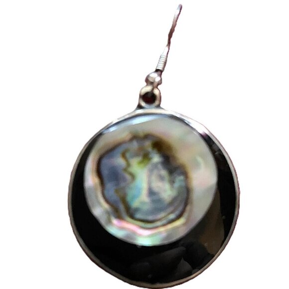 Vintage alpaca silver and abalone Mexico round dangle earrings - Picture 4 of 11